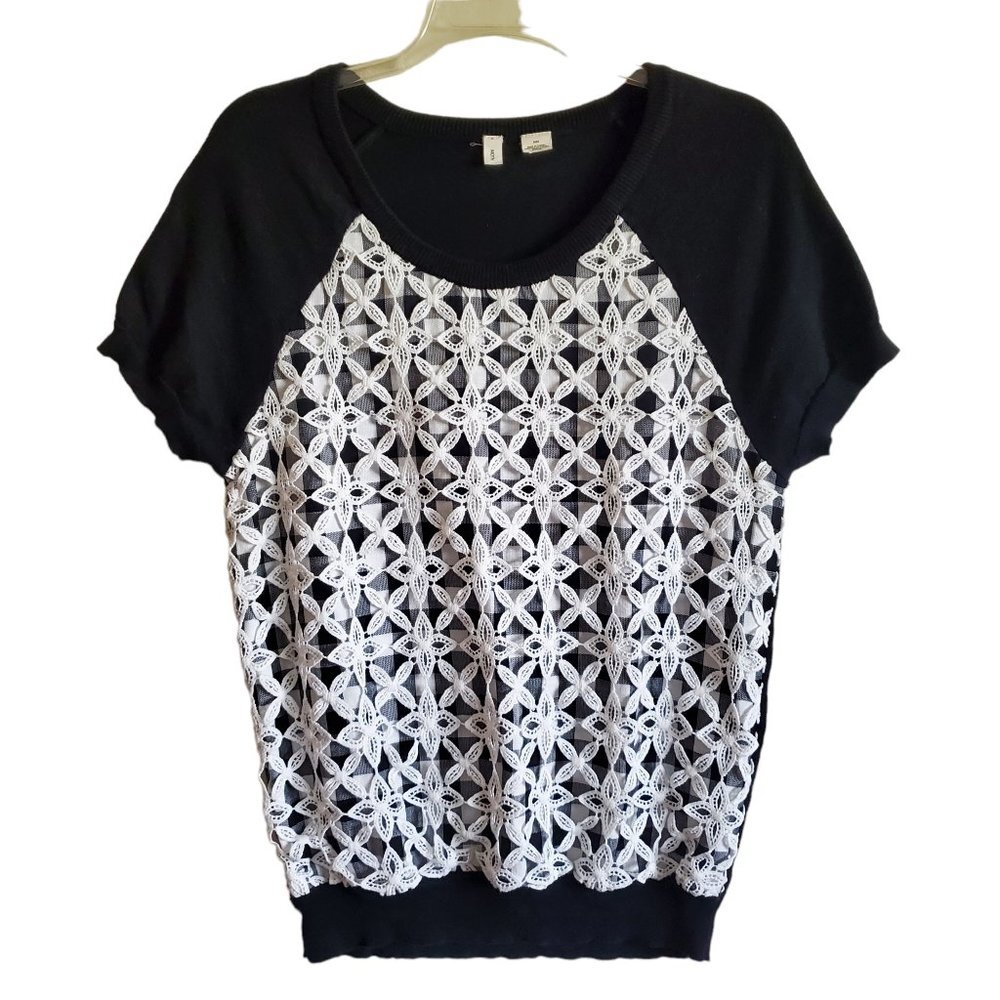 MOTH Anthropologie Black and White Gingham Lace Overlap Short Sleeve Sweater Med